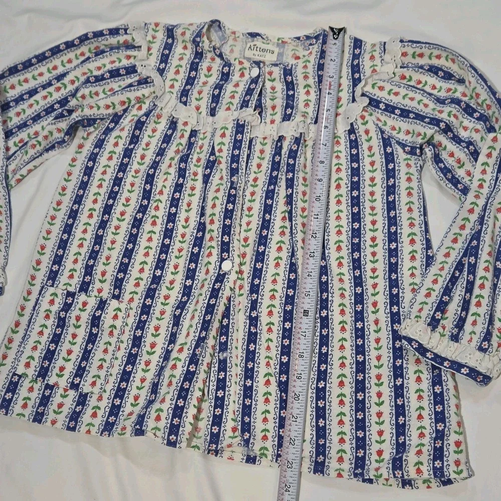 Kittens by Katz Girls Flannel Pajama Top M/L Ditsy Floral Stripe VTG Eyelet Lace